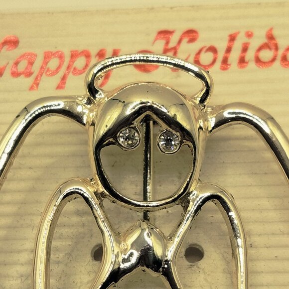 Angel Brooch Christmas PIn Rhinestone Eyes SilverTone Happy Holidays Card - Picture 3 of 4